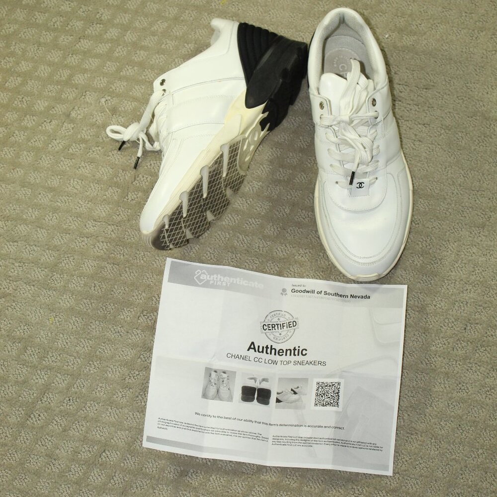 AUTHENTICATED Chanel Men's Size 12/ 45 White & Black CC Low Top Sneakers - Picture 2 of 14